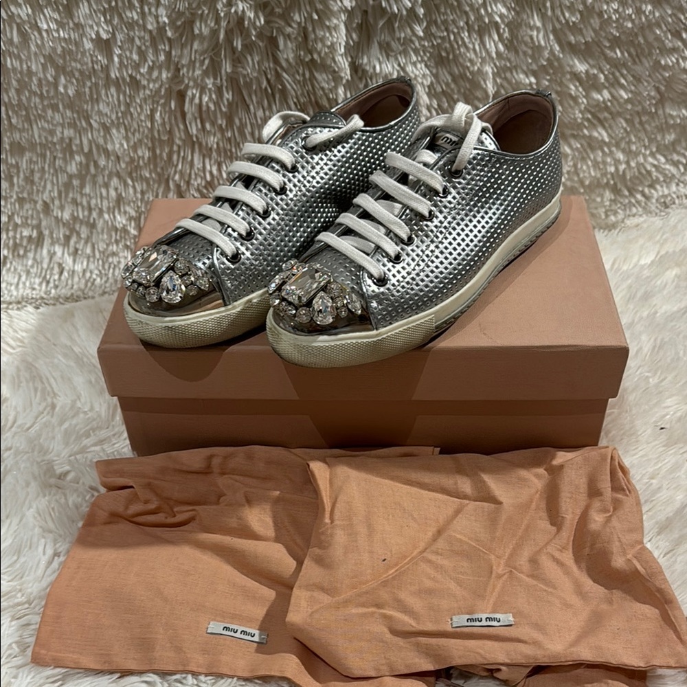 Miu Miu Silver Women's Patent Leather Crystal Embellishments Sneakers